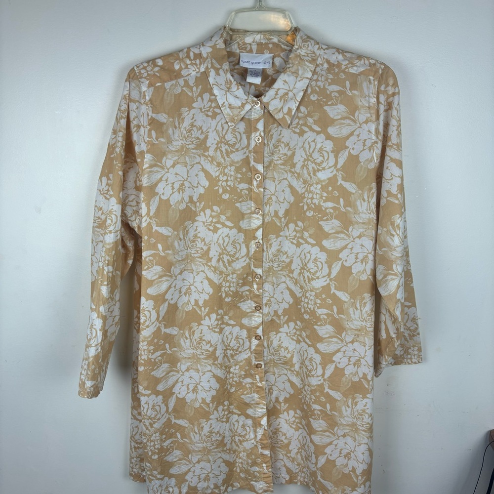 Susan Graver Style 100% cotton long tunic top in butterscotch floral print-1X